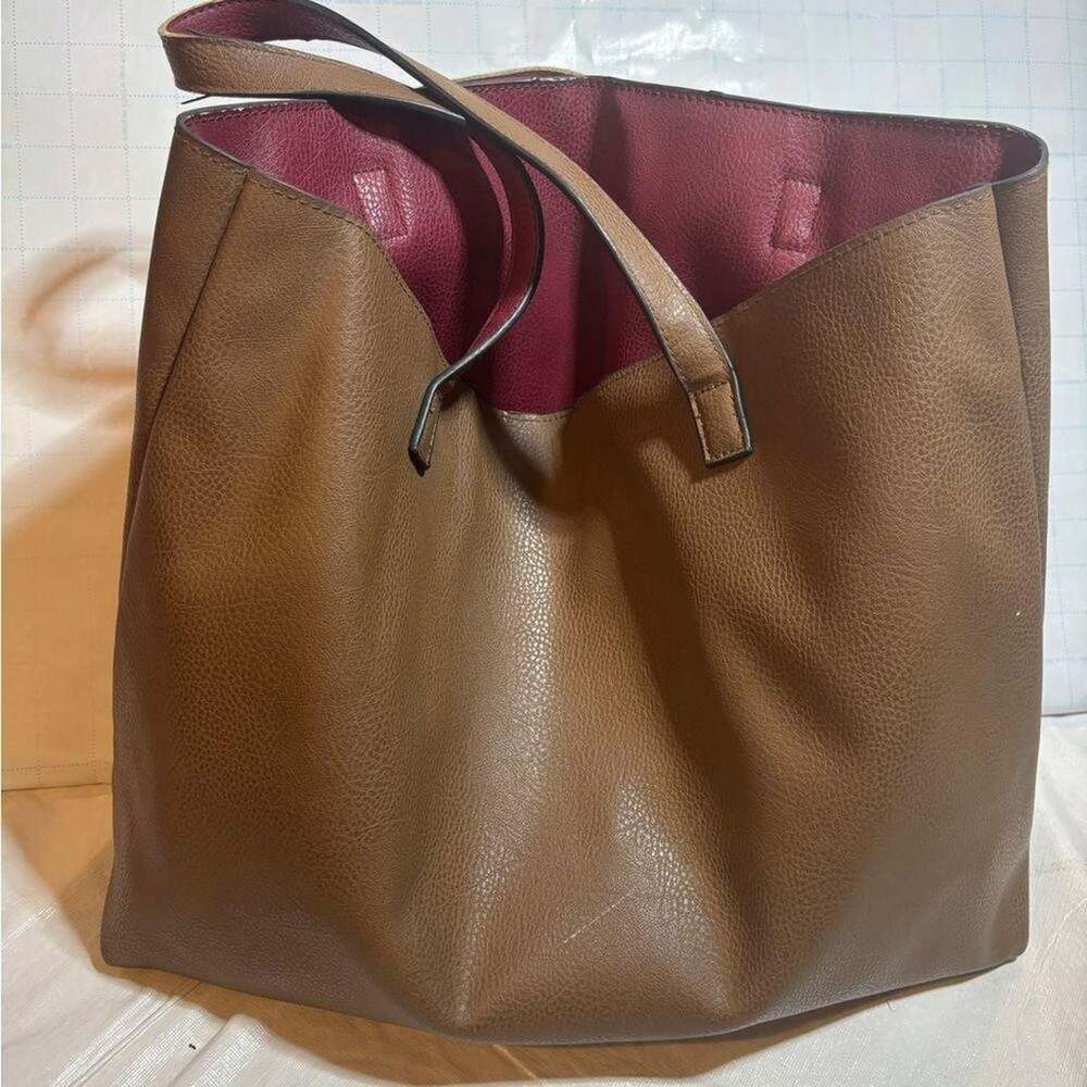 Reversible Faux Leather Tote Bag - Brown & Burgundy Large Handbag